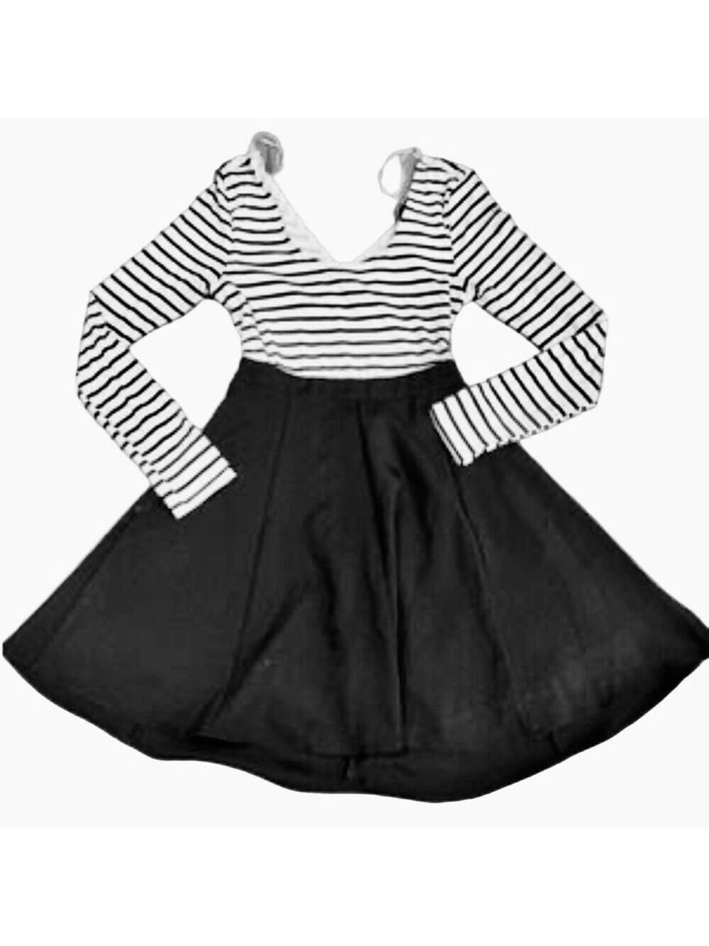 GUESS Black and White Striped Long Sleeve Fit and Flare Dress - Picture 3 of 14